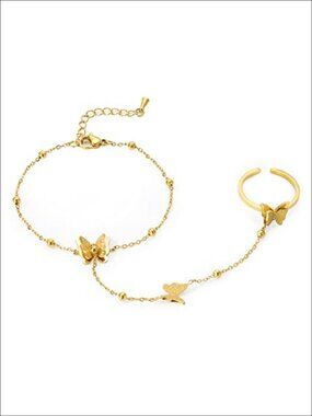 Gold Plated Butterfly Hand Chain Bracelet Ring Set